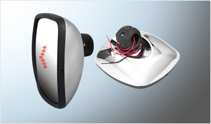 ESPEJO LATERAL UNIVERSAL CHICO (INFERIOR 20x21.3 cms) FGLR M2 ABS CROMADO C/FLECHA LUZ DIRECCIONAL 12 Volts CHINA /20