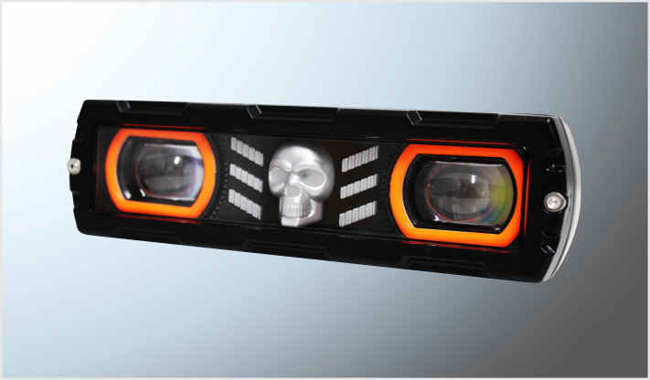 C/2 LUPAS CLARA- AMBAR ESTROBO Y FUNCIONES 18 Watts (16x4.5 cms) CALAVERA RGB Y OJO DE ANGEL ROJO 9-36 Volts 1800 Lm CHINA /50