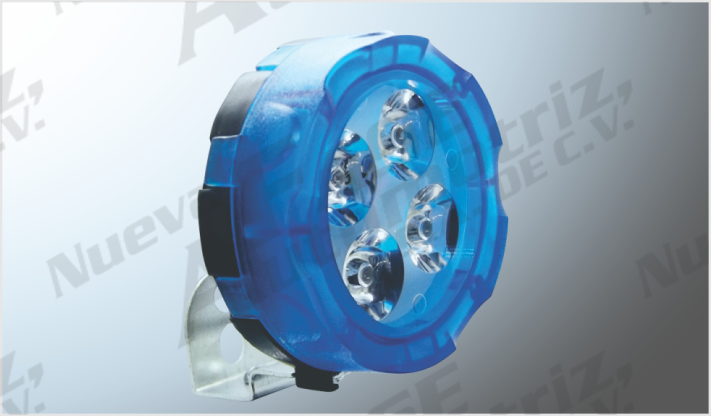FARO P/MOTO REDONDO AZUL 6.3cms 4 LEDS CLAROS ALTA-BAJA Y ESTROBO 20W 110Lm 6000K 10-95V CHINA /200