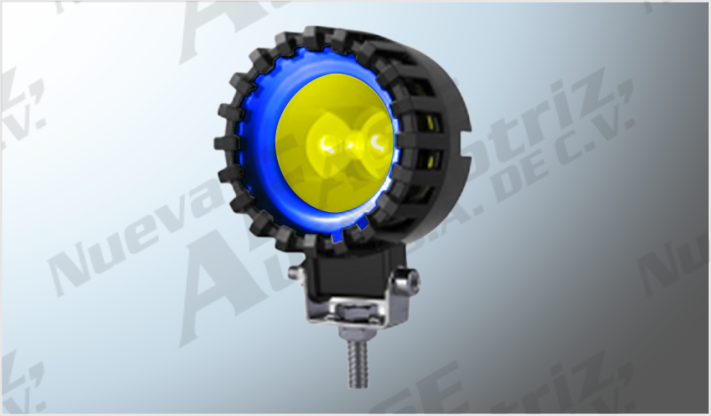 RED. P/MOTO (7 cms) CLARO-AMBAR LUZ FIJA- ESTROBO C/LUPA OJO ANGEL AZUL PLAST. NEGRO 8-80V 25W