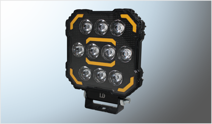 FARO CUADRADO 10 LEDS CLAROS FIJO Y CUARTO AMBAR ROTATIVO- ESTROBO (10.5 cms ) 12-60 Volts FONDO NEGRO/50
