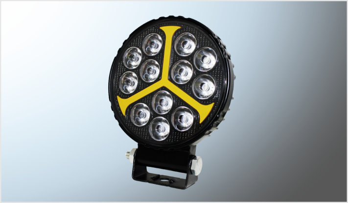 FARO REDONDO 8 LEDS CLAROS FIJO Y CUARTO AMBAR ROTATIVO-ESTROBO (11 cms ) 12-60 Volts FONDO NEGRO /5