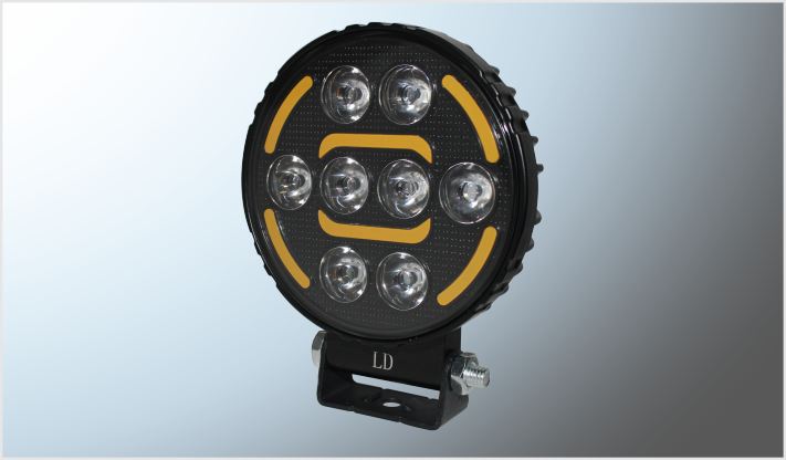 FARO REDONDO 8 LEDS CLAROS FIJO Y CUARTO AMBAR ROTATIVO- ESTROBO (11 cms ) 12-60 Volts FONDO NEGRO /50