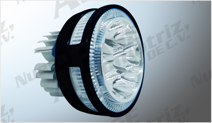 9 HYPERLEDS CLARO (7 cms) 9-36 Volts ALUM. NEGRO OJO DE ANGEL ROJO-AZUL C/ESTROBO CHINA /50
