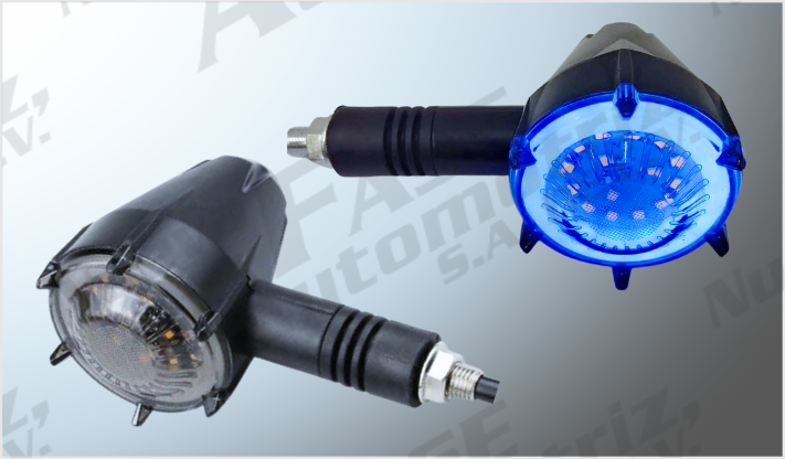 LUZ DIRECCIONAL P/MOTOCICLETA HUMO 15 AMBAR (6 cms) C/OJO ANGEL AZUL CHINA /250