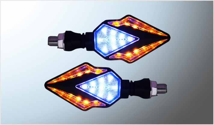 LUZ DIRECCIONAL P/MOTOCICLETA 12 LEDS AMBAR SECUENCIAL + 9 LEDS AZULES (10 cms) 12 Volts CHINA/