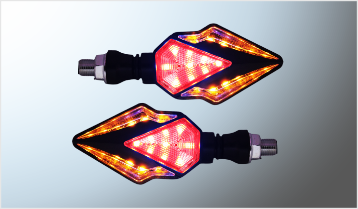 LUZ DIRECCIONAL P/MOTOCICLETA 12 LEDS AMBAR SECUENCIAL + 9 LEDS ROJOS (10 cms) 12 Volts CHINA