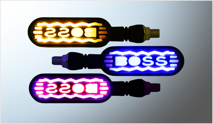 LUZ DIRECCIONAL P/MOTOCICLETA BOSS LEDS AMBAR + AZUL + ROJO (11.5 cms) SECUENCIAL 12 Volts
