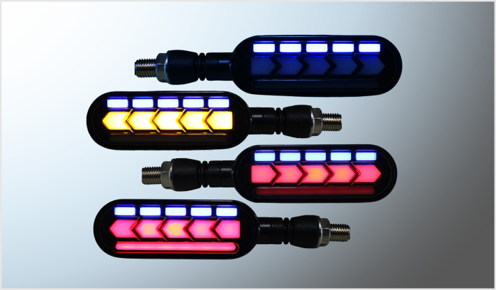 LUZ DIRECCIONAL P/MOTOCICLETA FLECHA LEDS AMBAR + AZUL + ROJO (11 cms) PLASMA FUNCIONES 12 Volts