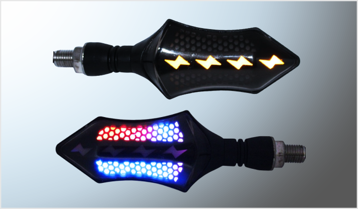 LUZ DIRECCIONAL P/MOTOCICLETA LEDS AMBAR + AZUL + ROJO (11 cms) SECUENCIAL 12 Volts CHINA