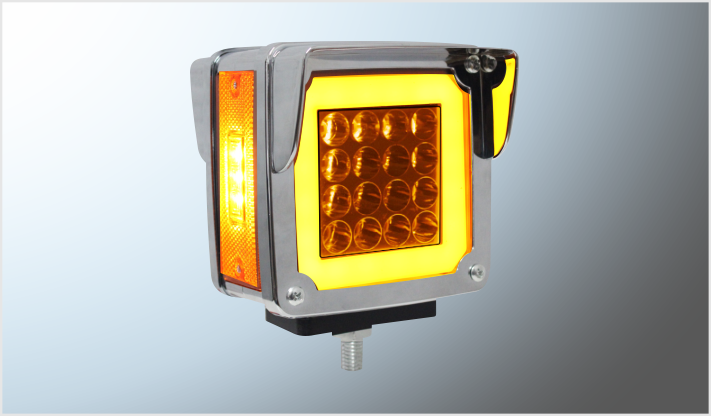 DIREC. "Mr.TRUCK" CROMADO C/VISERA T/KW 35 LEDS AMBAR-ROJO FIJA-ALTA-BAJA-ESTROBO 12-24 Volts IZQ. BLIS CHINA/25