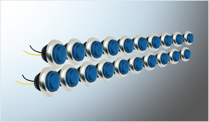 PLAFON (PILOTO) REDONDO TABLERO (2.9 cms) 3 LEDS AZULES C/CABLE ACERO INOX.12 Volts (20 Pzas) CHI/50