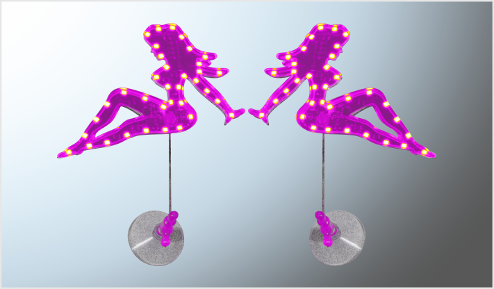 EMBLEMA PLASTICO LADY SENTADA CON LUZ LED ROSA ESTROBO CON CHUPON NACIONAL
