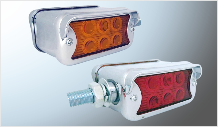 DIRECCIONAL "Mr. RECT. (8x4 cms) 12 LEDS AMBAR-ROJO CROMADO ALTA-BAJA- ESTROBO 12-24 Volts DERECHO CHINA/
