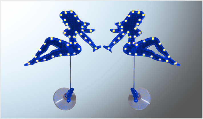EMBLEMA PLASTICO LADY SENTADA CON LUZ LED AZUL ESTROBO CON CHUPON NACIONAL
